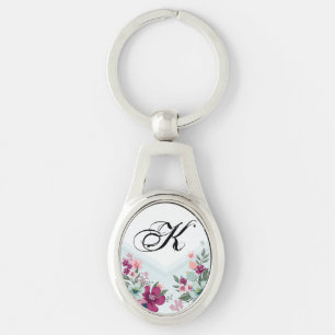 Personalised Key Chain Tropical Flower on Blue Omb