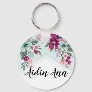 Personalised Key Chain Tropical Flower on Blue Omb