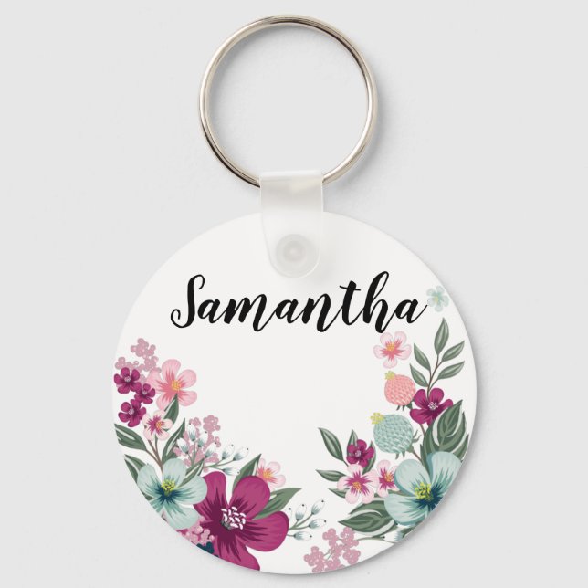 Personalised Key Chain Tropical Flowers on White (Front)