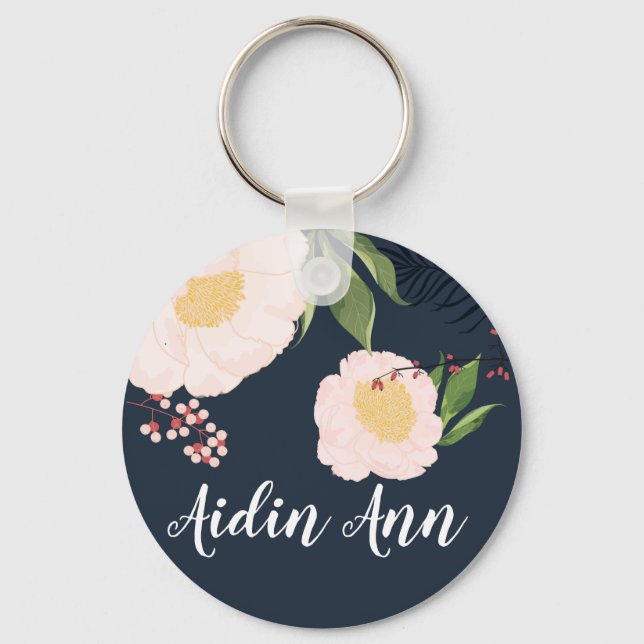 Personalised Key Chain White Floral Flowers on Dar (Front)