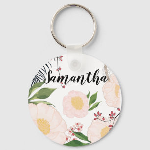 Personalised Key Chain White Floral Flowers on Whi