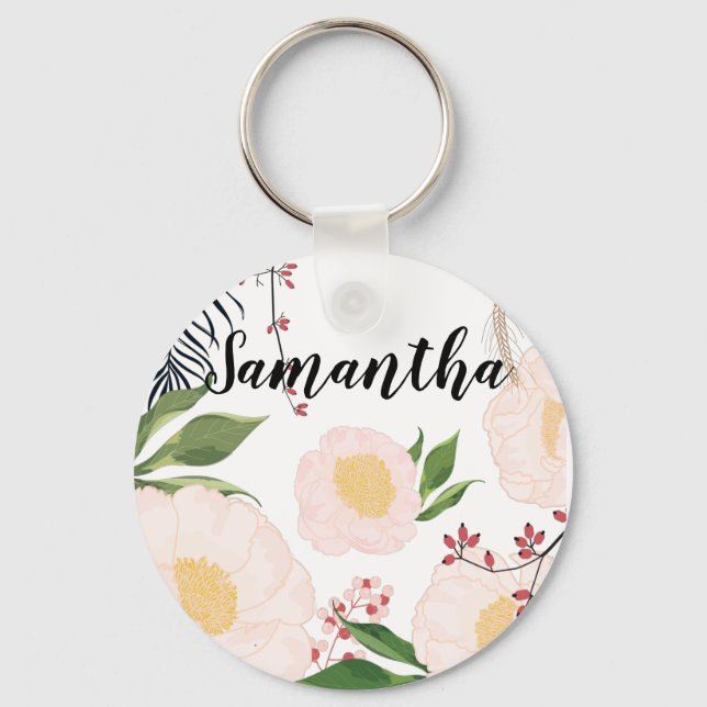 Personalised Key Chain White Floral Flowers on Whi (Front)