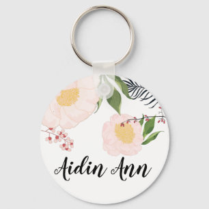 Personalised Key Chain White Floral Flowers on Whi