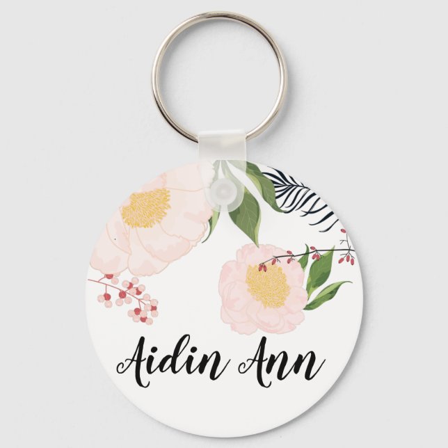 Personalised Key Chain White Floral Flowers on Whi (Front)