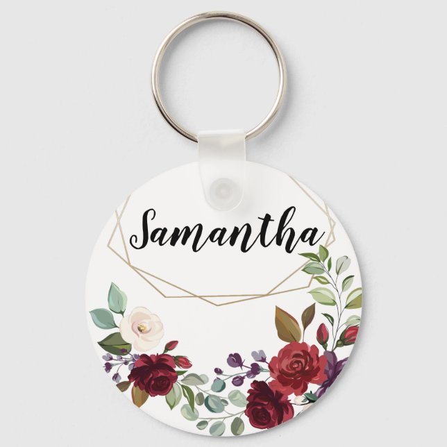 Personalised Key Chain White Roses Gold Geometric (Front)