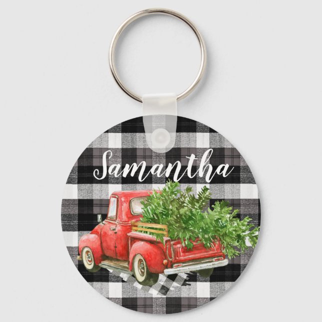 Personalised Key Chain XMAS Truck Baffalo Plaid Bl (Front)