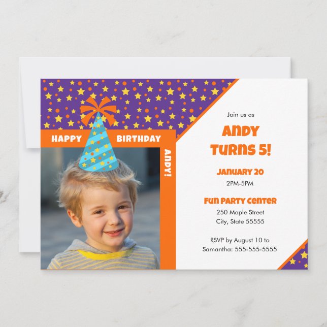 Personalised Kid Photo Happy Birthday Blue Hat v2 Invitation (Front)
