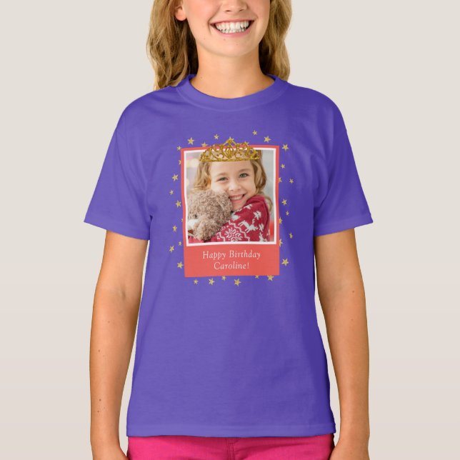 Personalised Kid Photo Happy Birthday Gold Crown T-Shirt (Front)