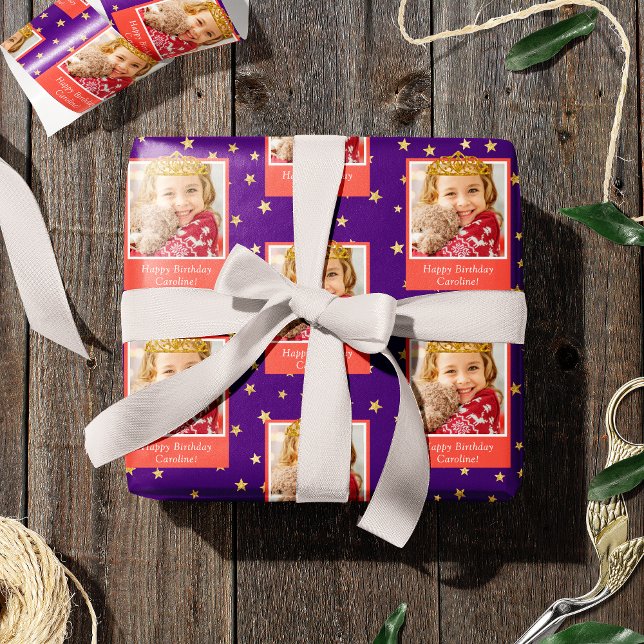 Personalised Kid Photo Happy Birthday Gold Crown Wrapping Paper (Creator Uploaded)
