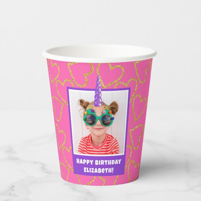Personalised Kid Photo Happy Birthday Unicorn Paper Cups (Front)