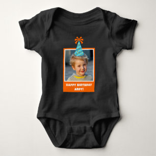 Personalised Kid Photo Happy Birthday w/ Blue Hat Baby Bodysuit