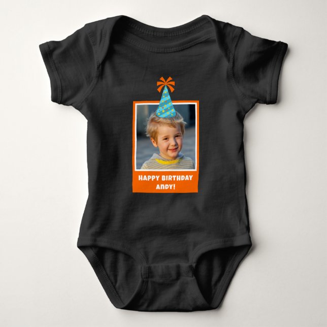 Personalised Kid Photo Happy Birthday w/ Blue Hat Baby Bodysuit (Front)