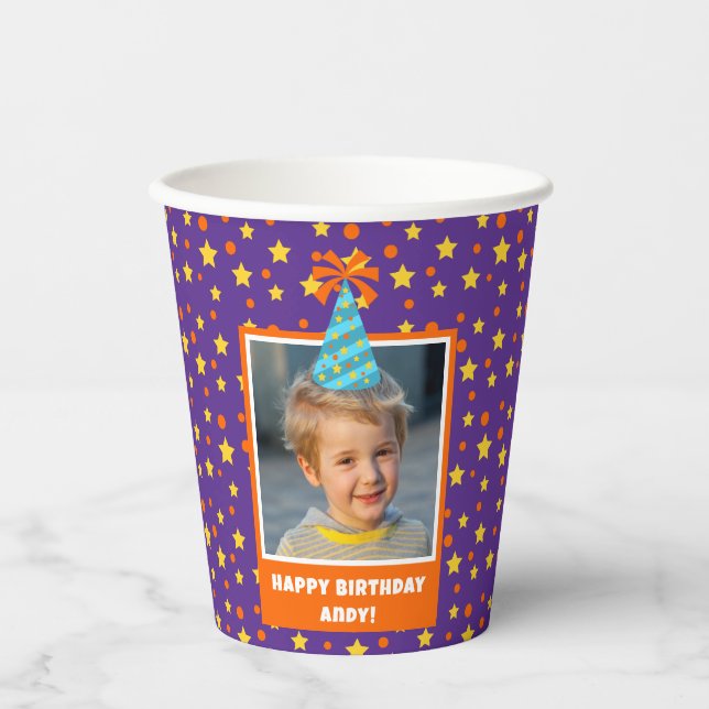 Personalised Kid Photo Happy Birthday w/ Blue Hat Paper Cups (Front)