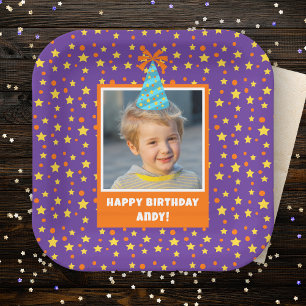 Personalised Kid Photo Happy Birthday w/ Blue Hat Paper Plate