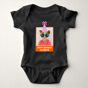 Personalised Kid Photo Happy Birthday w/ Pink Hat Baby Bodysuit