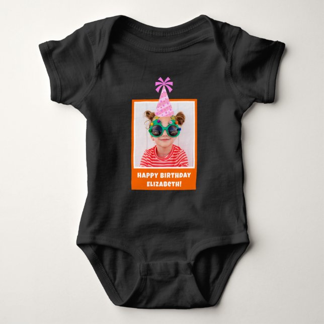 Personalised Kid Photo Happy Birthday w/ Pink Hat Baby Bodysuit (Front)