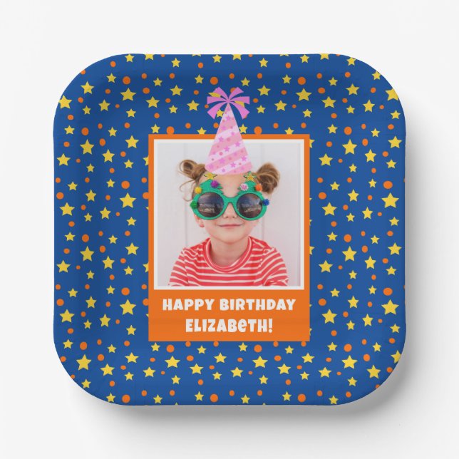 Personalised Kid Photo Happy Birthday w/ Pink Hat Paper Plate (Front)