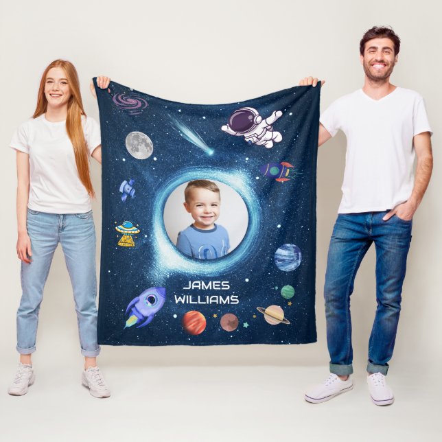 Personalised Kid Photo Name Outer Space Galaxy  Fleece Blanket (In Situ)