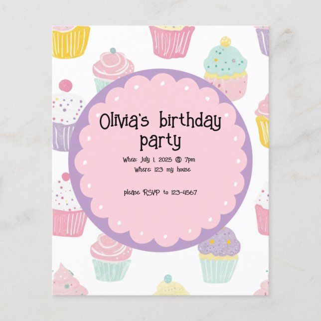 personalised kids birthday cupcake design flyer (Front)