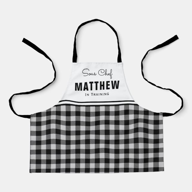 Personalised  Kids Black and White Buffalo Plaid Apron (Front)