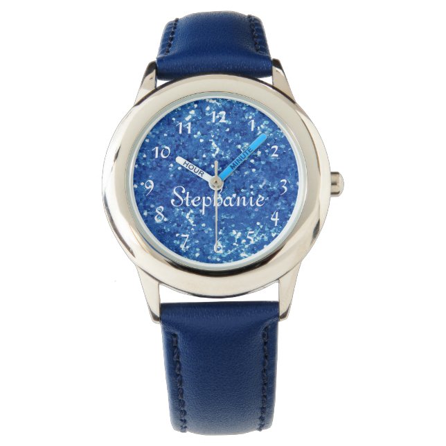 Personalised Kids Blue Glitter-Look Watch (Front)