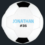 Personalised Kids Blue White Add A Name Soccer Ball<br><div class="desc">Your favourite soccer player will love this personalised soccer ball.  Customise with players name and number.  This custom soccer ball will make a great gift for christmas,  birthdays or any other special occasion.</div>