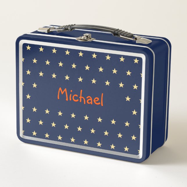 Personalised Kids Boys Name Gold Stars Blue School Metal Lunch Box (Front)
