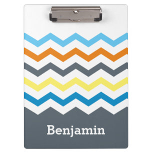 Personalised Kids Chevron Grey Blue Orange Yellow Clipboard
