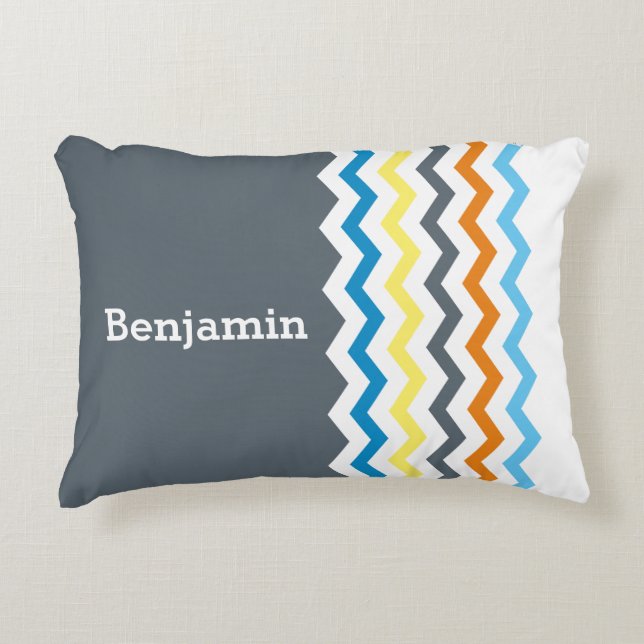 Personalised Kids Chevron Grey Blue Orange Yellow Decorative Cushion (Front)