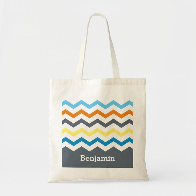 Personalised Kids Chevron Grey Blue Orange Yellow Tote Bag (Front)