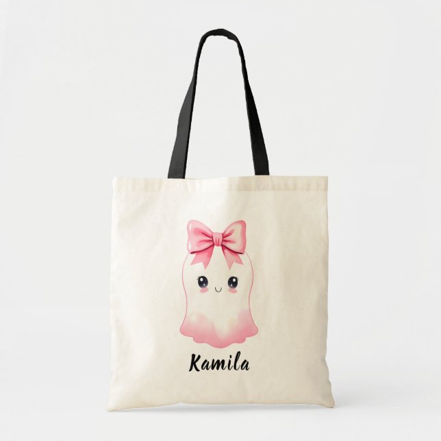 Personalised Kids Cute Ghost Halloween Treat Tote Bag (Front)