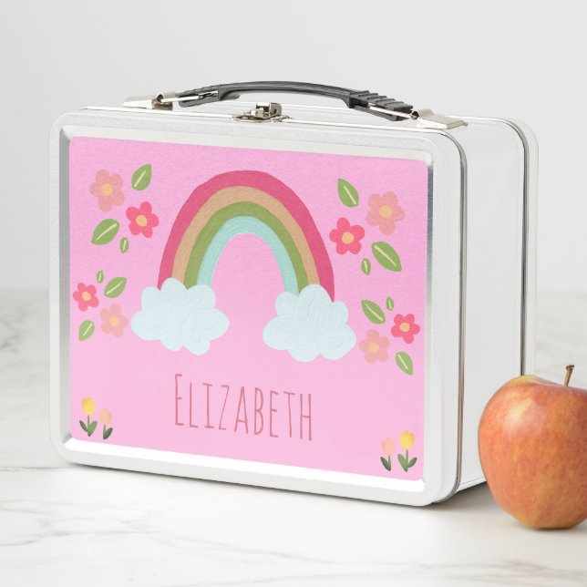 Personalised Kids Cute rainbow girl pink school Metal Lunch Box (In Situ)