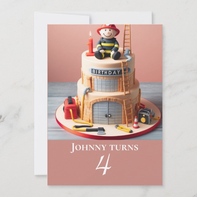 Personalised Kids Firefighter Cake Birthday  Invitation (Back)