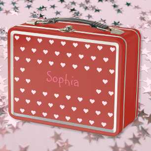 Personalised Kids Girls Name Pink Hearts School Metal Lunch Box