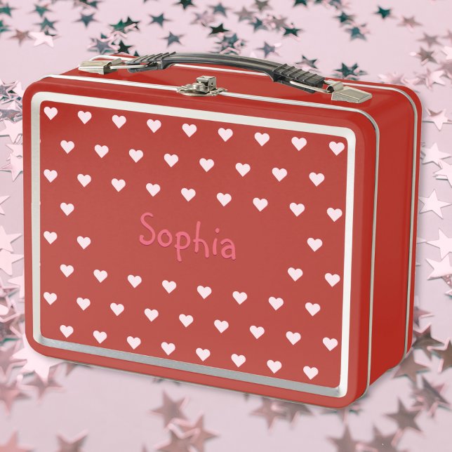 Personalised Kids Girls Name Pink Hearts School Metal Lunch Box (Personalized Kids Girls Name Pink Hearts School Metal Lunch Box)