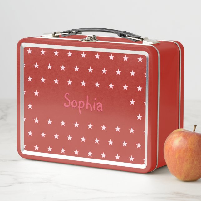 Personalised Kids Girls Name Pink Stars Red School Metal Lunch Box (In Situ)