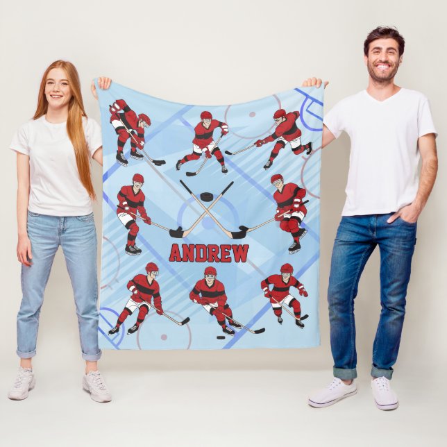 Personalised kids Ice Hockey Player Fleece Blanket (In Situ)