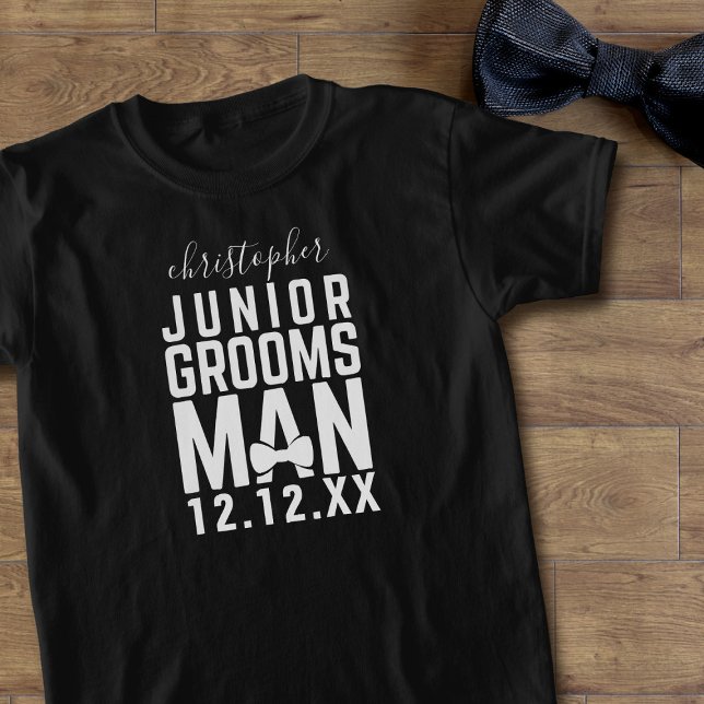 Personalised Kids Junior Groomsman Black T-Shirt (Just add a name and wedding date to this black and white Junior Groomsman t-shirt)