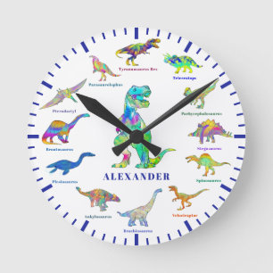 Personalised Kids Name Colourful Cute Dinosaurs Round Clock