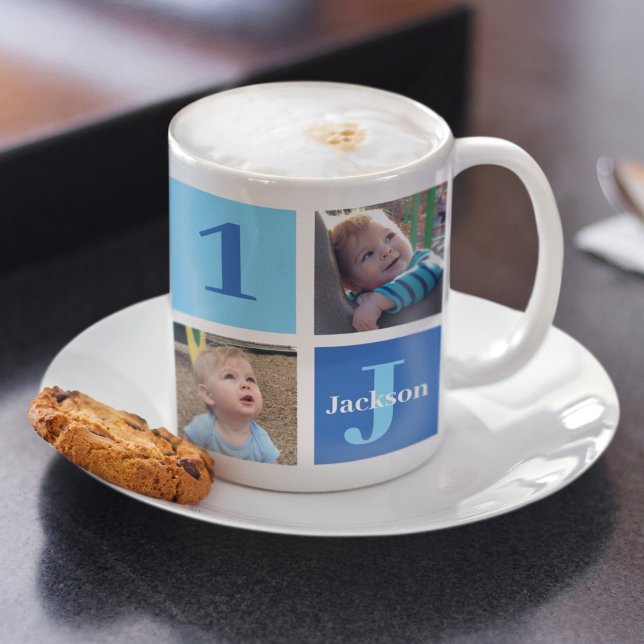 Personalised Kids Photo Collage Cute Blue Coffee Mug (Creator Uploaded)