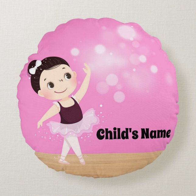 Personalised Kids Pink Ballerina Round Pillow (Front)