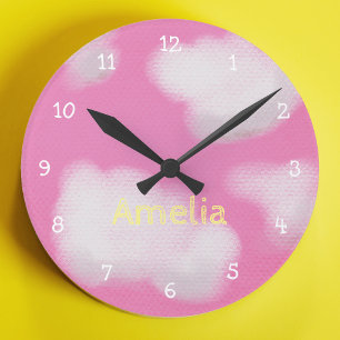 Personalised Kids Pink Sky Bedroom Round Clock