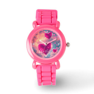 Personalised Kids Pink Strap with Pink Hearts Watch