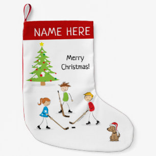 Personalised Kids Playing Pond Hockey Small Christmas Stocking