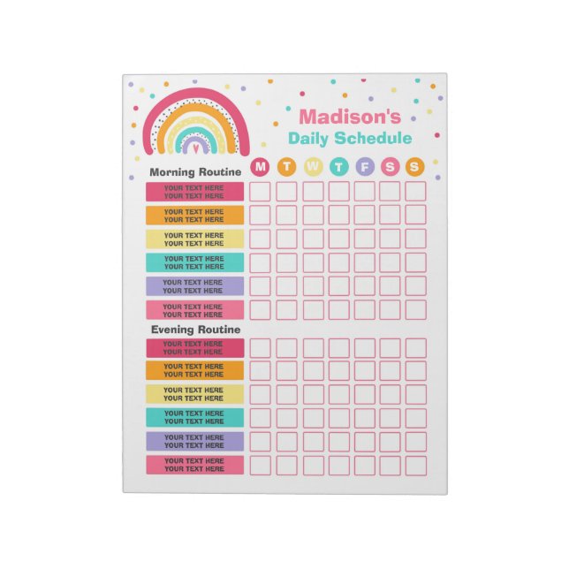 Personalised Kids Rainbow Daily Schedule Routine Notepad (Rotated)