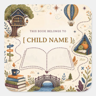 Personalised Kids Reading Bookplate Square Sticker