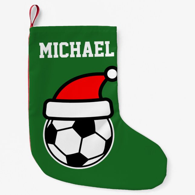 Personalised kids red green soccer ball santa hat small christmas stocking (Front)
