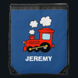 Personalised kids red toy train drawstring bag<br><div class="desc">Personalised kids red toy train drawstring bag . Cute backpack for kindergarten / pre school children / boy. Personalizable name and colours.  Handy for school,  sports and more.</div>