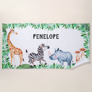 Personalised Kids Safari Animal Watercolor Cute Beach Towel