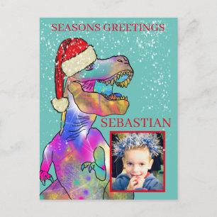 Personalised Kids Santa dinosaur photo Holiday Postcard